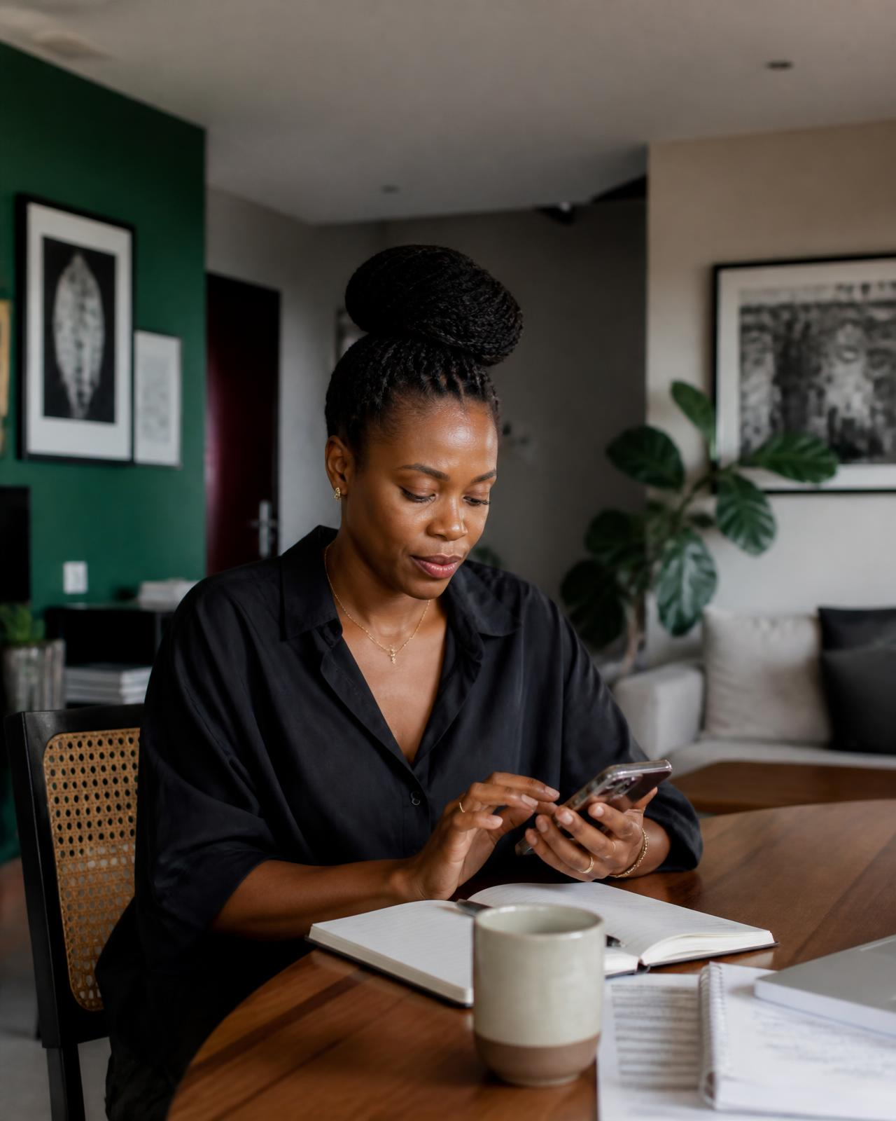 Une femme consulte ses finances personnelles sur son smartphone