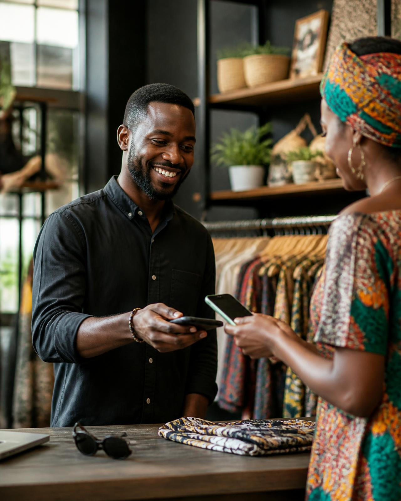 Un commerçant encaisse un paiement mobile dans sa boutique