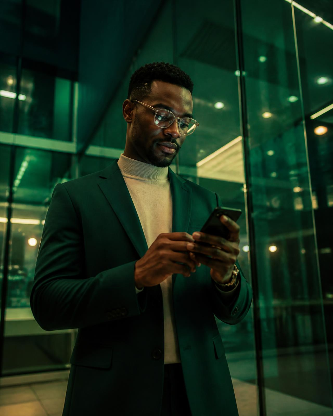 Un professionnel déverrouille son smartphone dans un immeuble moderne